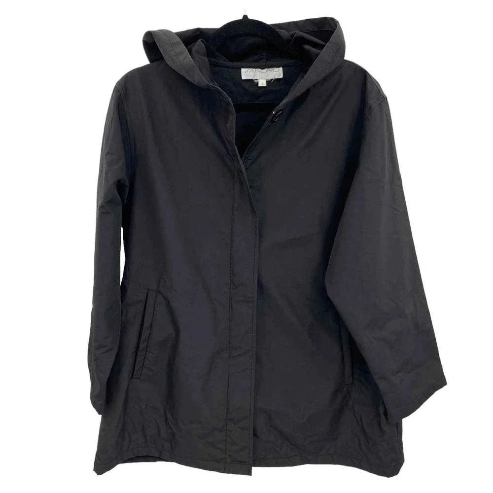 Sandro Rain Jacket Mens Small Black Polyester Pockets Hood Full Zip Waterproof